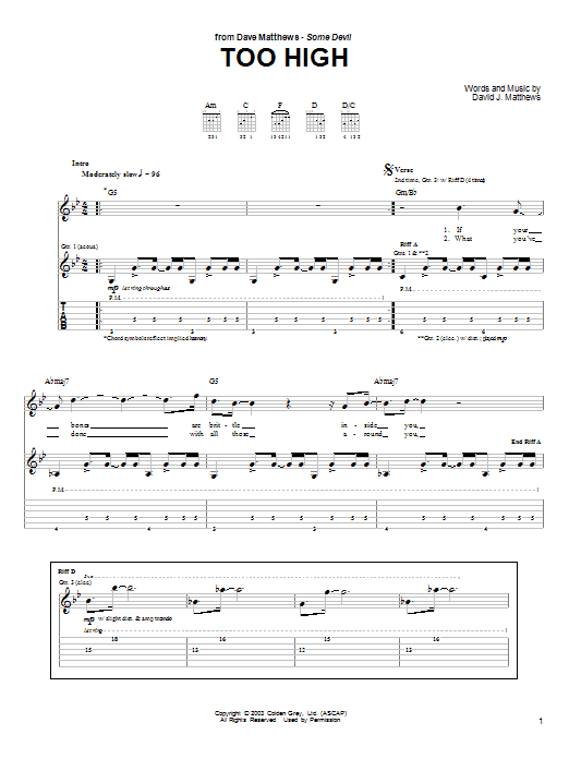 Download Dave Matthews Too High Sheet Music and learn how to play Guitar Tab PDF digital score in minutes