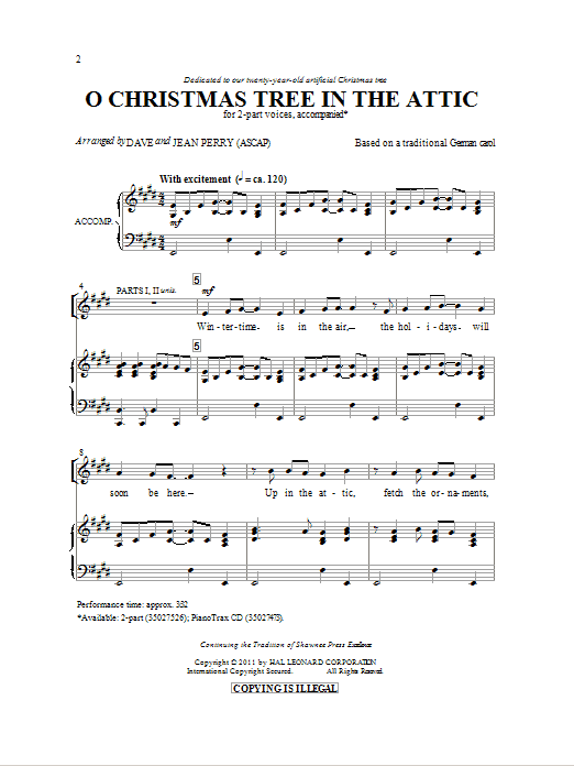 Download Traditional Carol O Christmas Tree In The Attic (arr. Dave & Jean Perry) Sheet Music and learn how to play 2-Part Choir PDF digital score in minutes