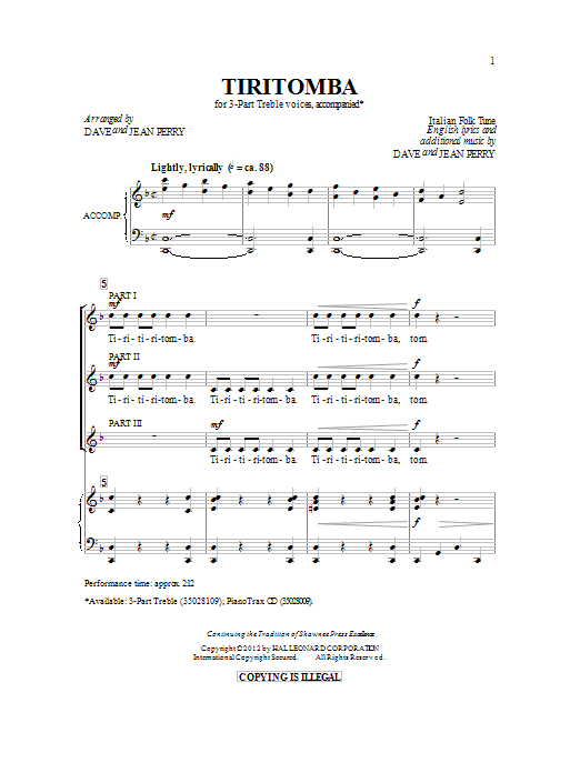 Download Dave Perry Tiritomba Sheet Music and learn how to play 3-Part Treble PDF digital score in minutes