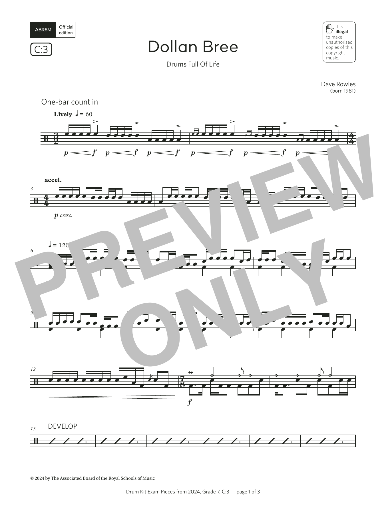 Download Dave Rowles Dollan Bree (Drums Full Of Life) (Grade 7, list C3, from the ABRSM Drum Kit Syll Sheet Music and learn how to play Drums PDF digital score in minutes