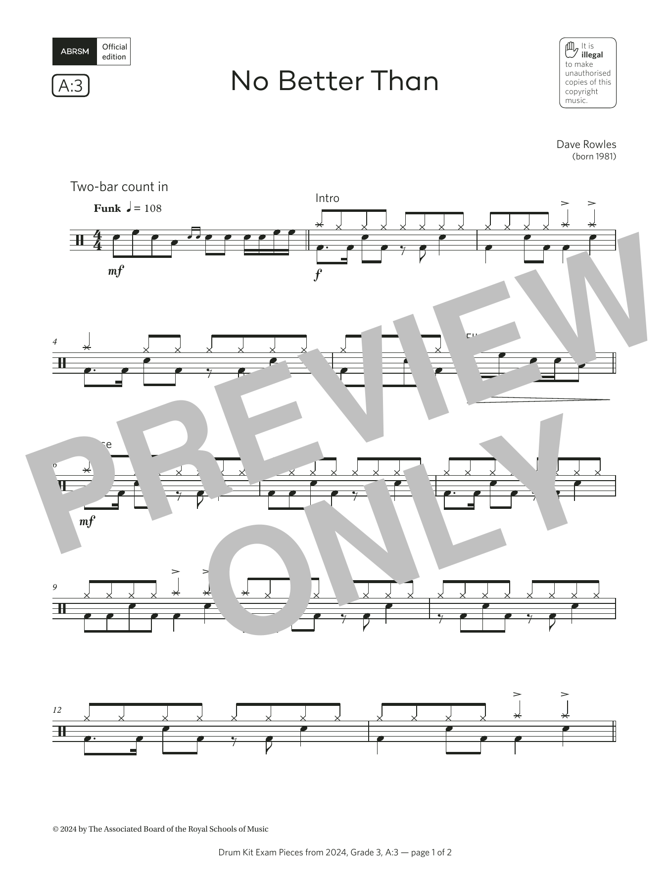 Download Dave Rowles No Better Than (Grade 3, list A3, from the ABRSM Drum Kit Syllabus 2024) Sheet Music and learn how to play Drums PDF digital score in minutes