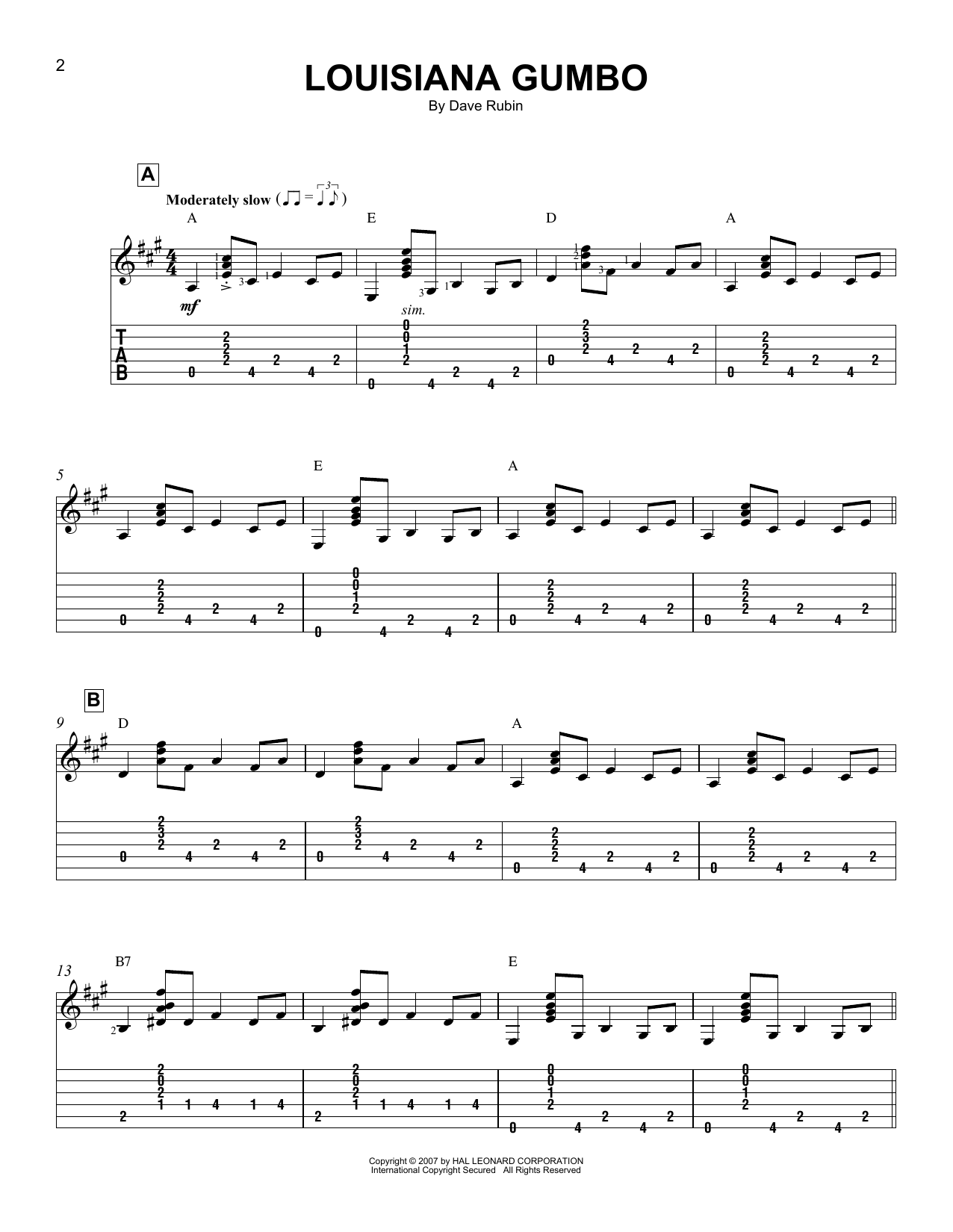 Download Dave Rubin Louisiana Gumbo Sheet Music and learn how to play Easy Guitar Tab PDF digital score in minutes