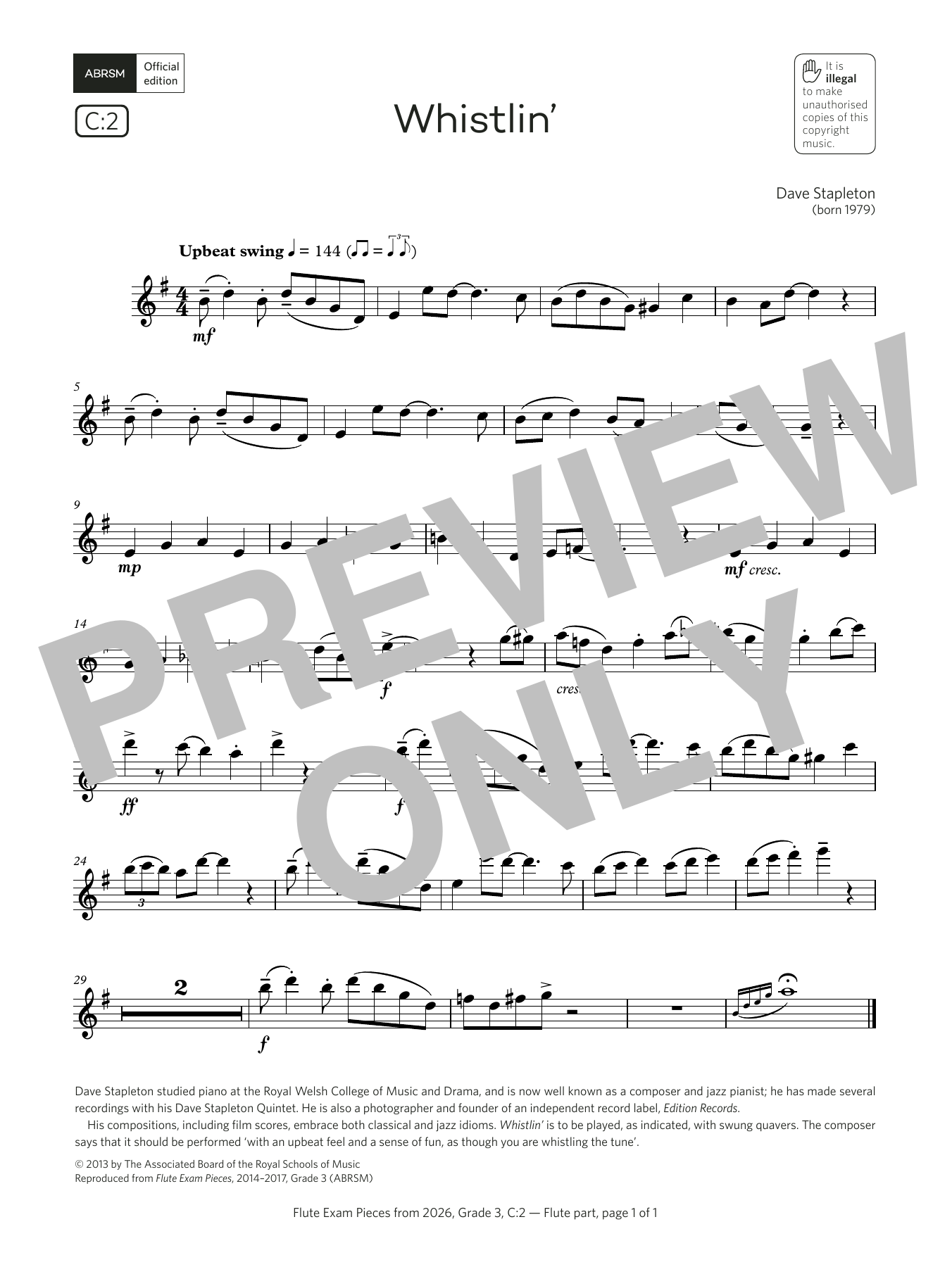 Download Dave Stapleton Whistlin' (Grade 3, list C2, from the ABRSM Flute Syllabus from 2026) Sheet Music and learn how to play Flute Solo PDF digital score in minutes