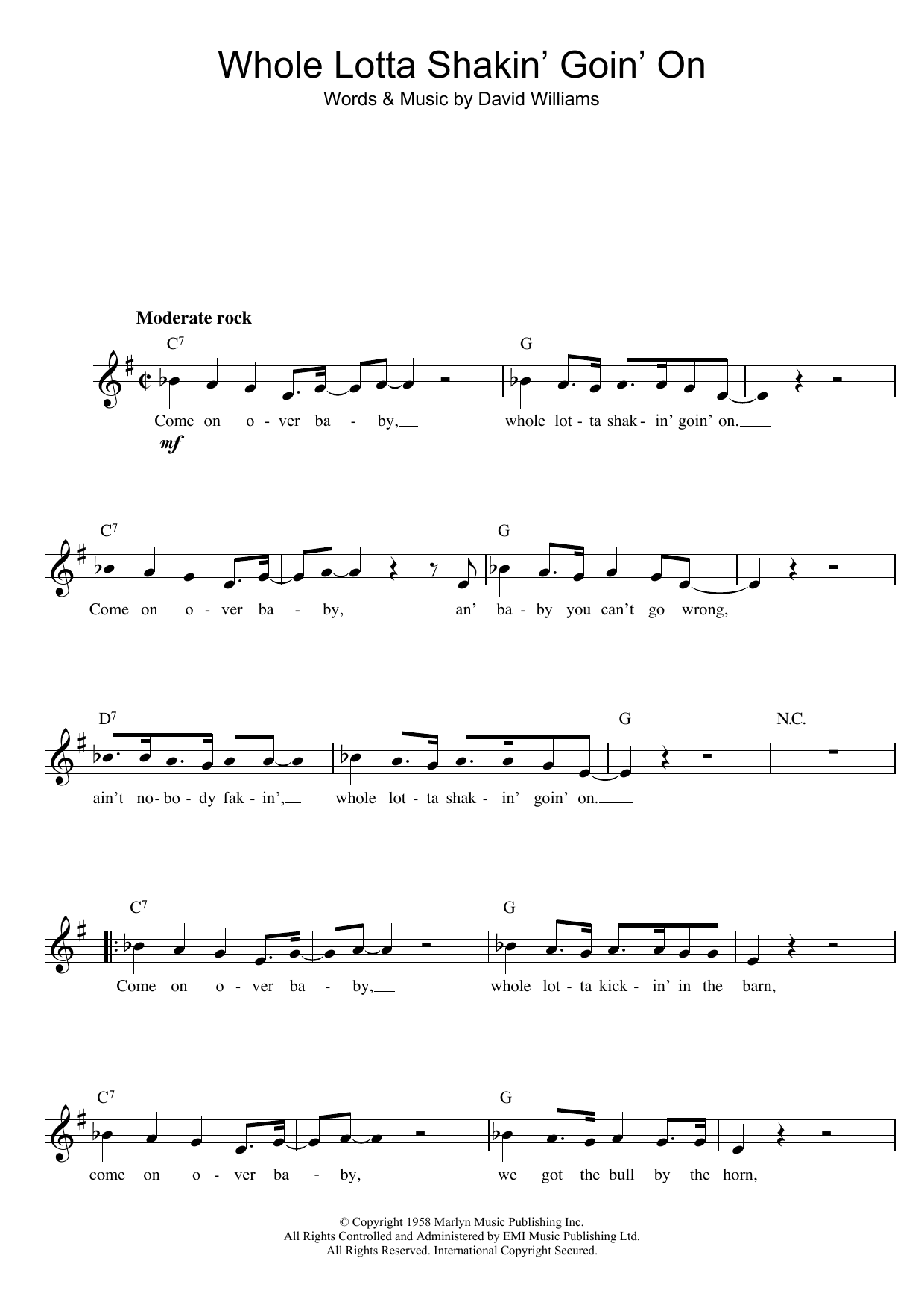 Download Dave Williams Whole Lotta Shakin' Sheet Music and learn how to play Melody Line, Lyrics & Chords PDF digital score in minutes