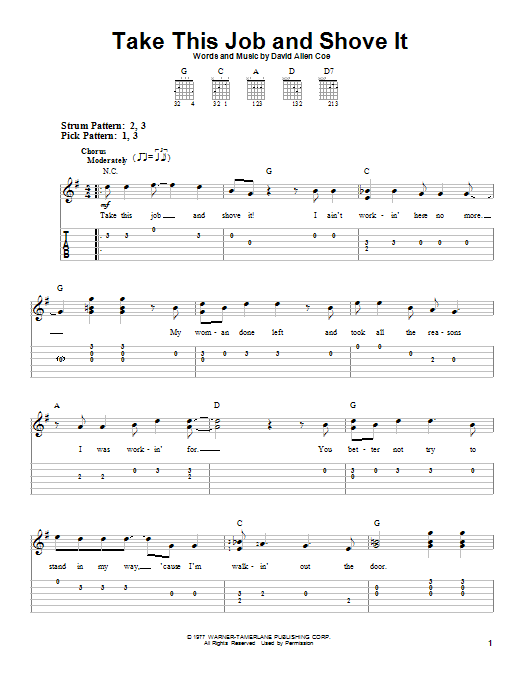 Download David Allan Coe Take This Job And Shove It Sheet Music and learn how to play Easy Guitar Tab PDF digital score in minutes