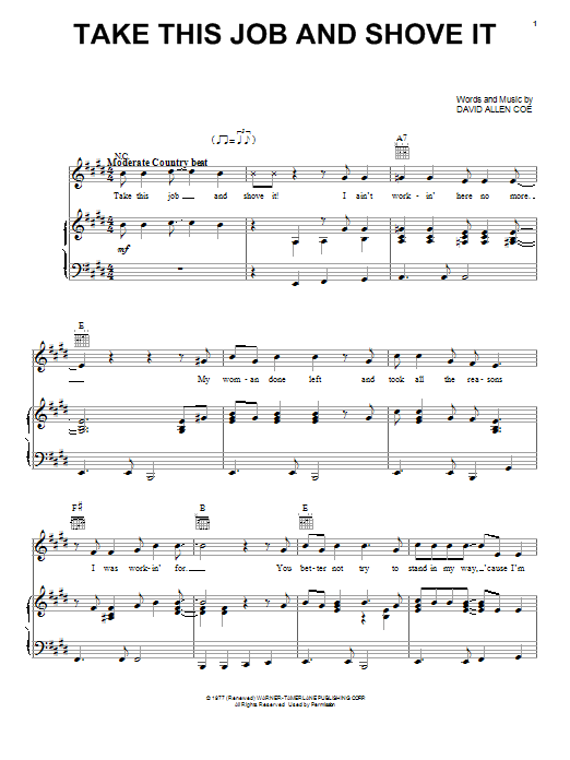 Download David Allen Coe Take This Job And Shove It Sheet Music and learn how to play Piano, Vocal & Guitar (Right-Hand Melody) PDF digital score in minutes