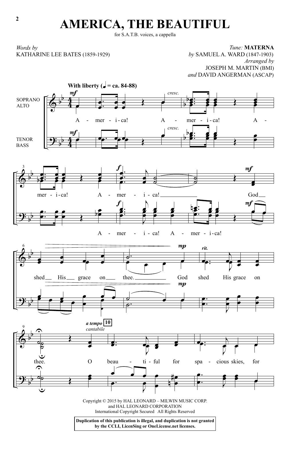Download David Angerman America, The Beautiful Sheet Music and learn how to play SATB PDF digital score in minutes