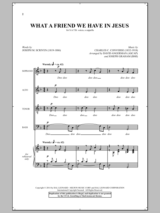 Download David Angerman What A Friend We Have In Jesus Sheet Music and learn how to play SATB PDF digital score in minutes