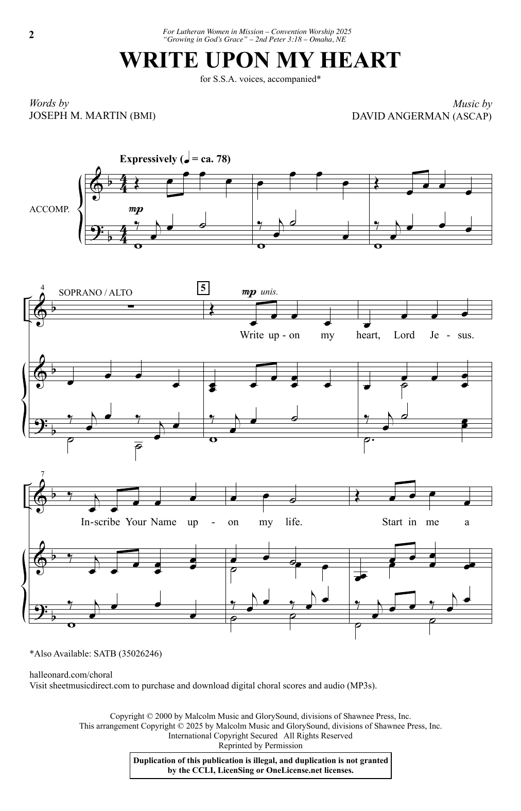 Download David Angerman Write Upon My Heart Sheet Music and learn how to play SSA Choir PDF digital score in minutes