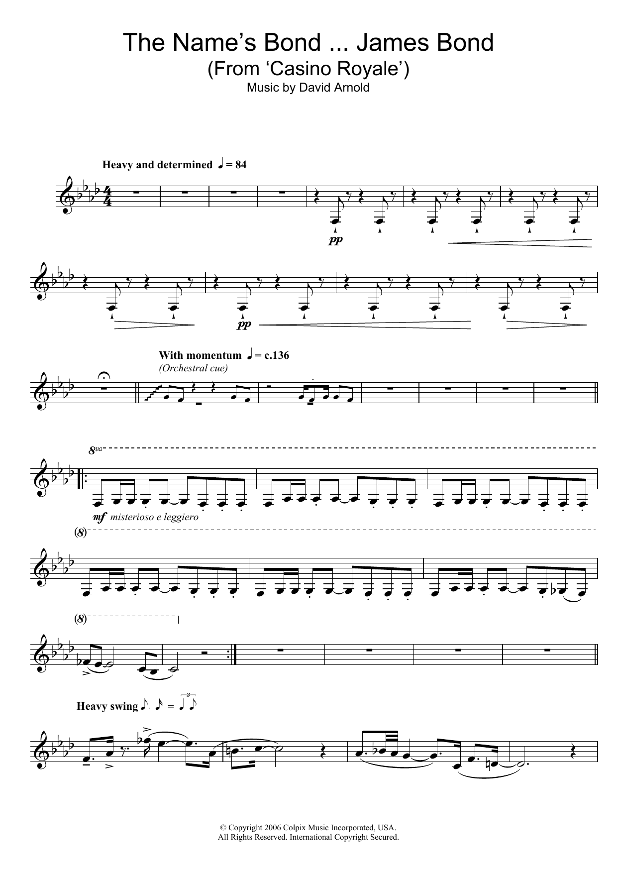 Download David Arnold The Name's Bond ... James Bond (from Casino Royale) Sheet Music and learn how to play Alto Saxophone PDF digital score in minutes