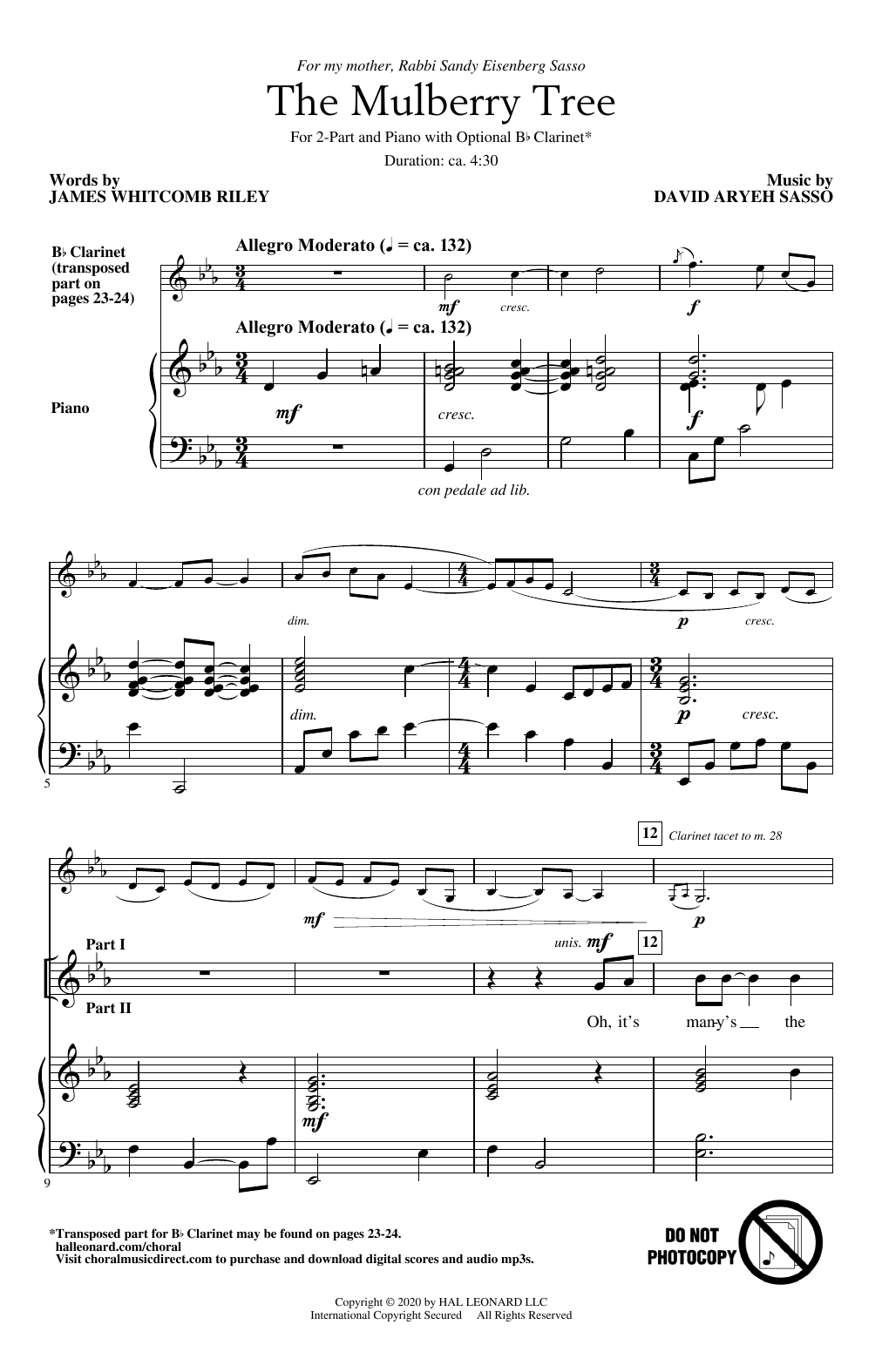 Download David Aryeh Sasso The Mulberry Tree Sheet Music and learn how to play 2-Part Choir PDF digital score in minutes