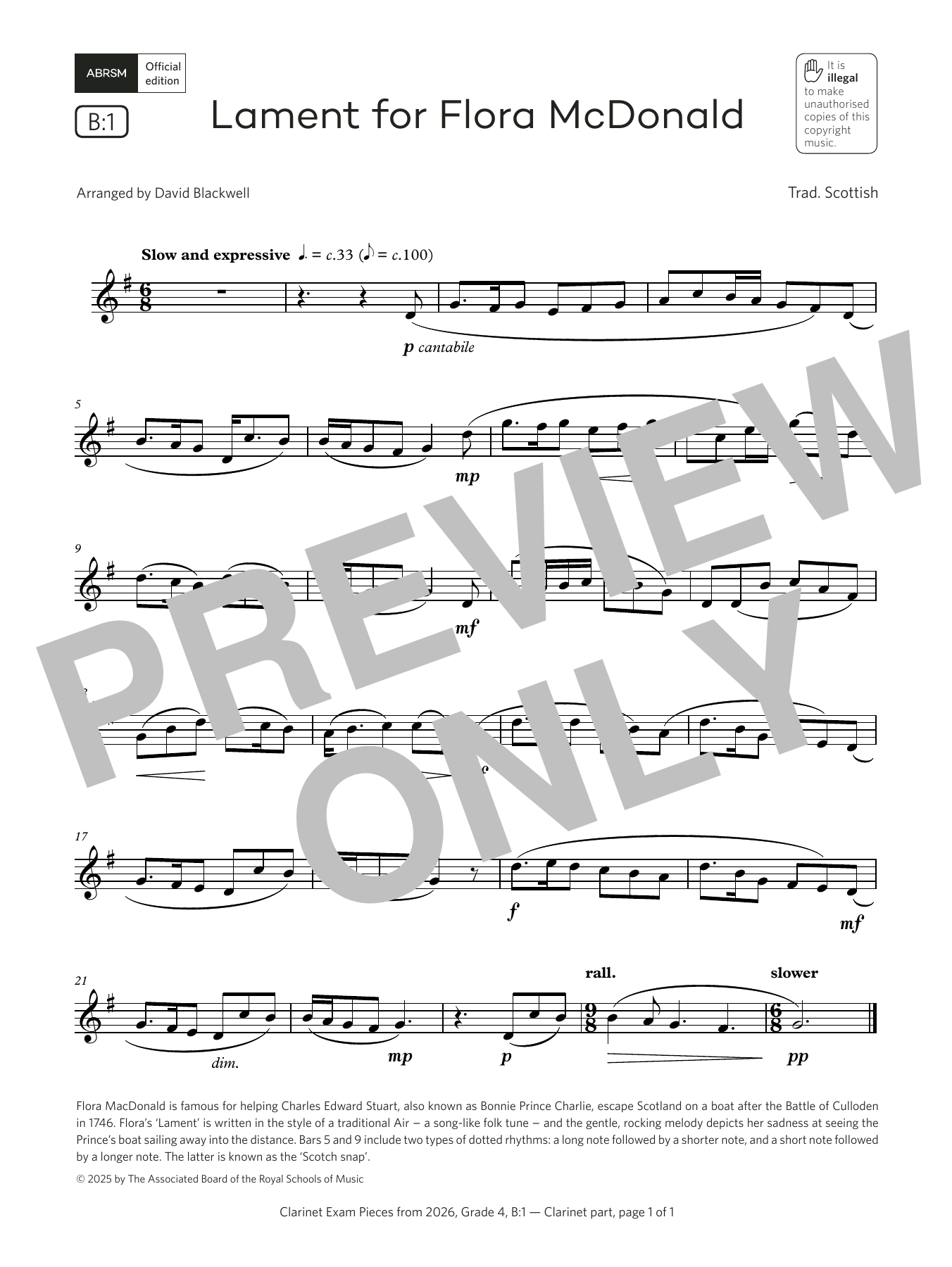Download David Blackwell Lament for Flora McDonald (Grade 4, list B1, from the ABRSM Clarinet Syllabus fr Sheet Music and learn how to play Clarinet Solo PDF digital score in minutes
