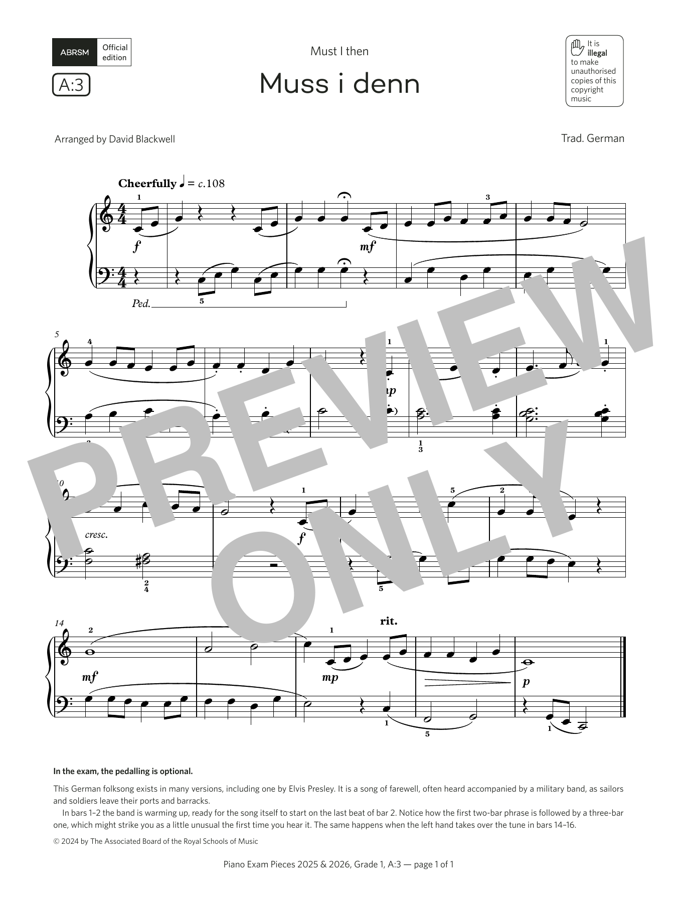 Download David Blackwell Muss i denn (Grade 1, list A3, from the ABRSM Piano Syllabus 2025 & 2026) Sheet Music and learn how to play Piano Solo PDF digital score in minutes