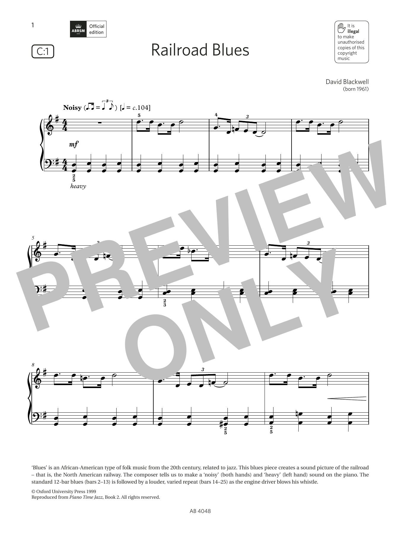 Download David Blackwell Railroad Blues (Grade 2, list C1, from the ABRSM Piano Syllabus 2023 & 2024) Sheet Music and learn how to play Piano Solo PDF digital score in minutes