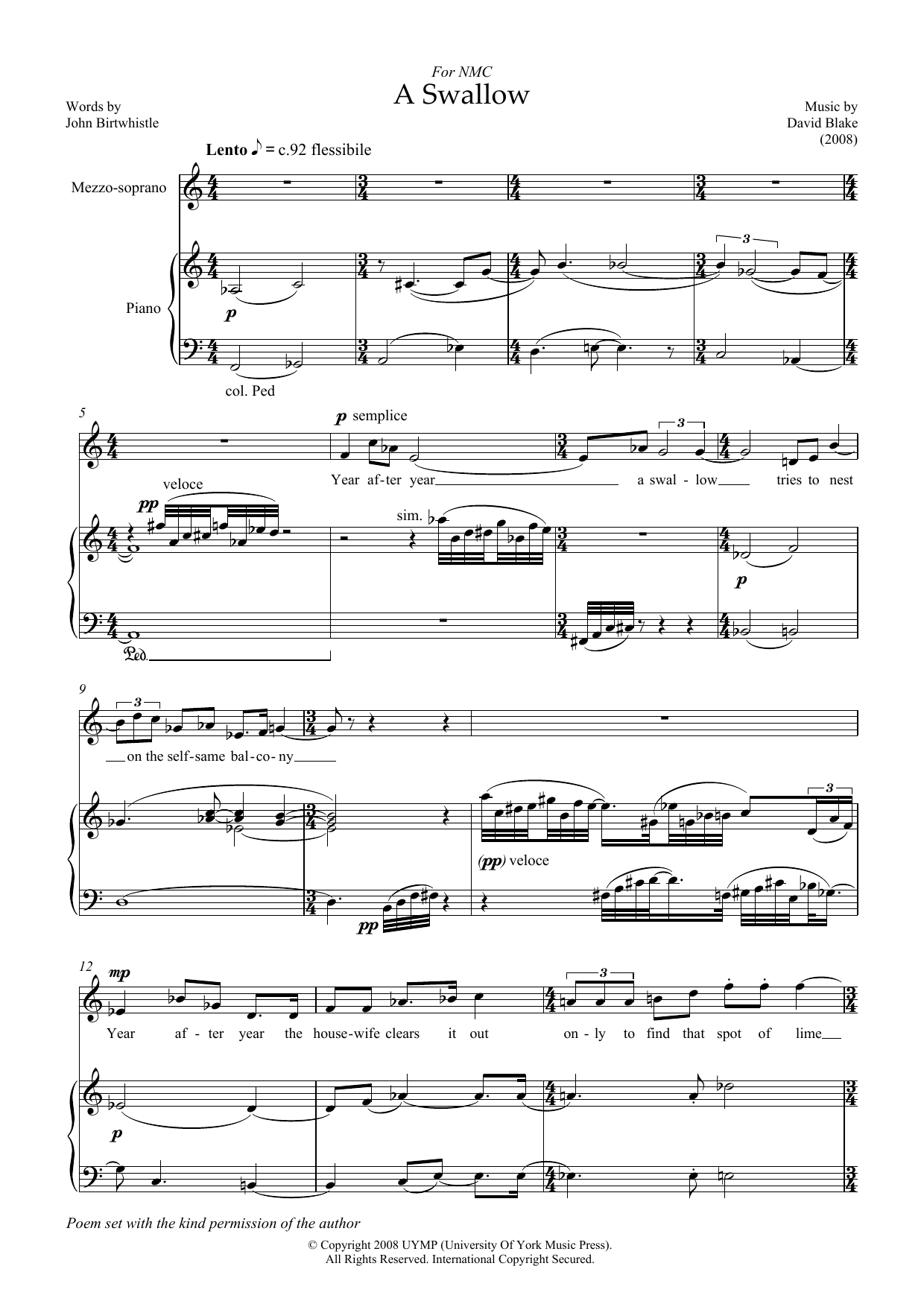 Download David Blake A Swallow (for mezzo-soprano & piano) Sheet Music and learn how to play Piano & Vocal PDF digital score in minutes