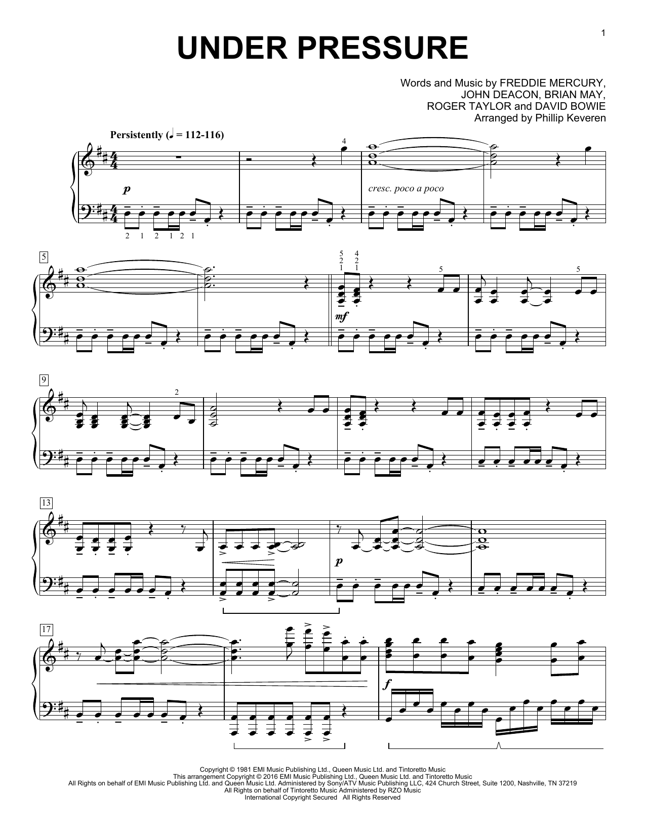 Download David Bowie & Queen Under Pressure Sheet Music and learn how to play Piano PDF digital score in minutes