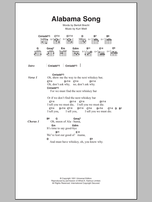 Download David Bowie Alabama Song Sheet Music and learn how to play Lyrics & Chords PDF digital score in minutes