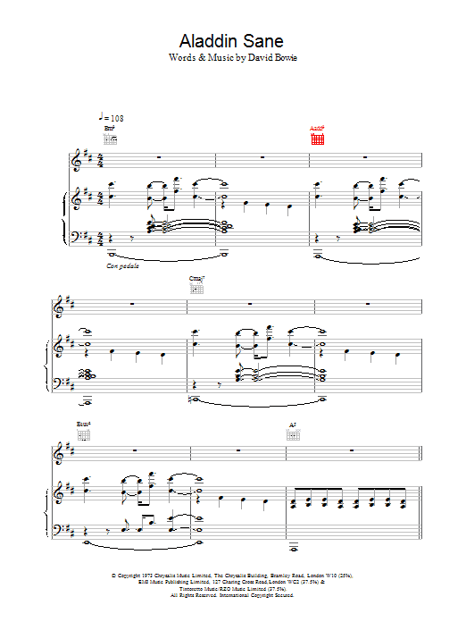 Download David Bowie Aladdin Sane Sheet Music and learn how to play Piano, Vocal & Guitar PDF digital score in minutes