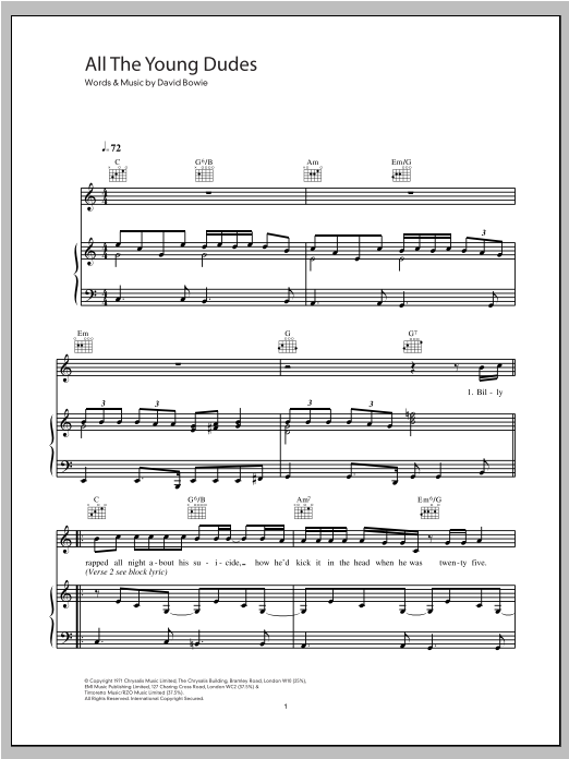 Download David Bowie All The Young Dudes Sheet Music and learn how to play Piano, Vocal & Guitar (Right-Hand Melody) PDF digital score in minutes