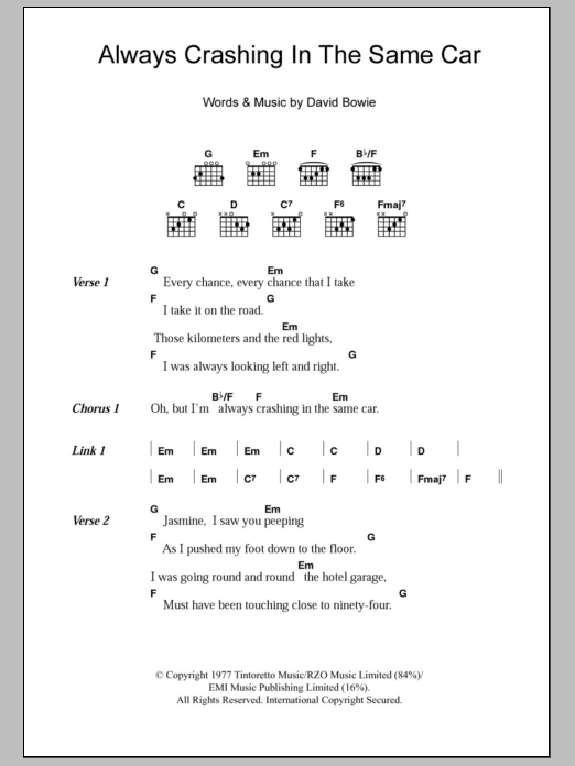 Download David Bowie Always Crashing In The Same Car Sheet Music and learn how to play Lyrics & Chords PDF digital score in minutes