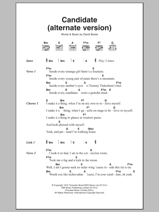 Download David Bowie Candidate Sheet Music and learn how to play Lyrics & Chords PDF digital score in minutes