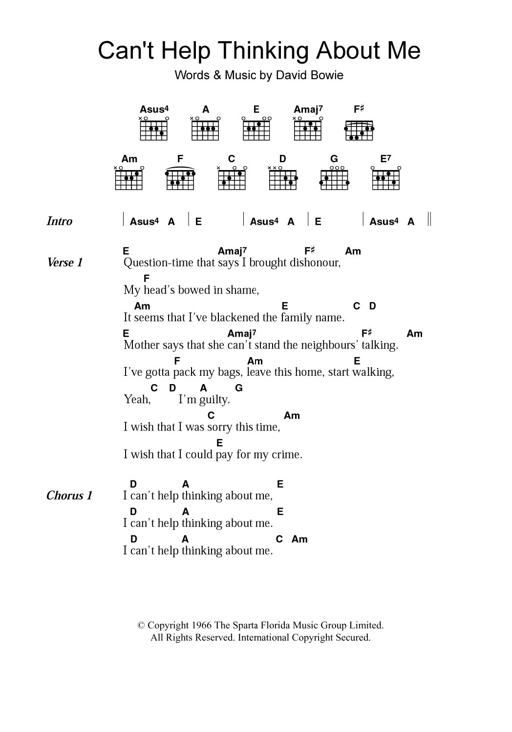 Download David Bowie Can't Help Thinking About Me Sheet Music and learn how to play Lyrics & Chords PDF digital score in minutes