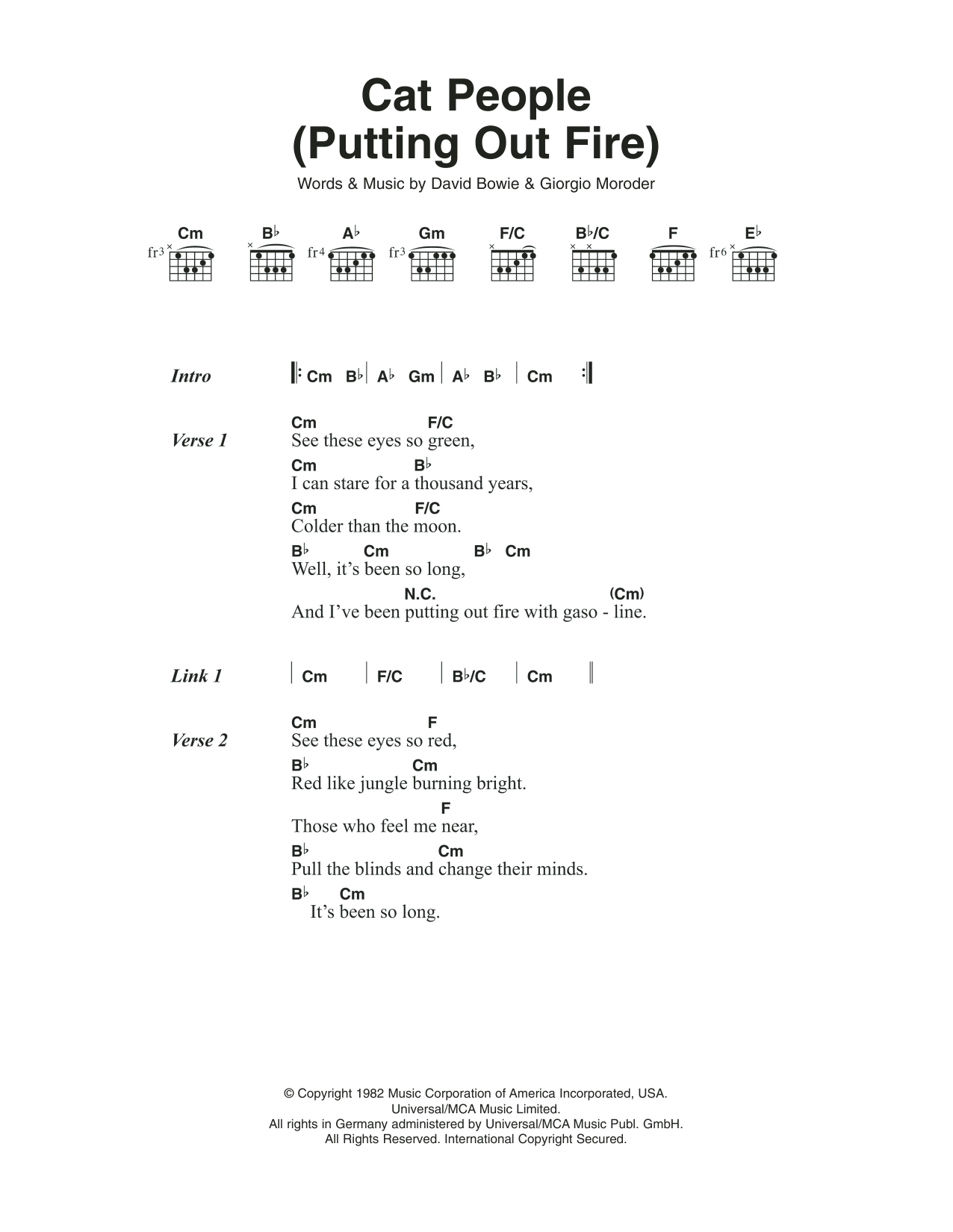 Download David Bowie Cat People (Putting Out Fire) Sheet Music and learn how to play Lyrics & Chords PDF digital score in minutes