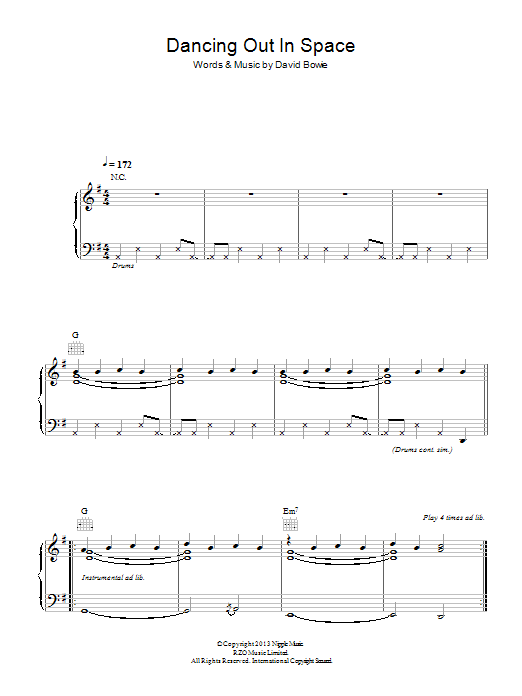 Download David Bowie Dancing Out In Space Sheet Music and learn how to play Piano, Vocal & Guitar (Right-Hand Melody) PDF digital score in minutes