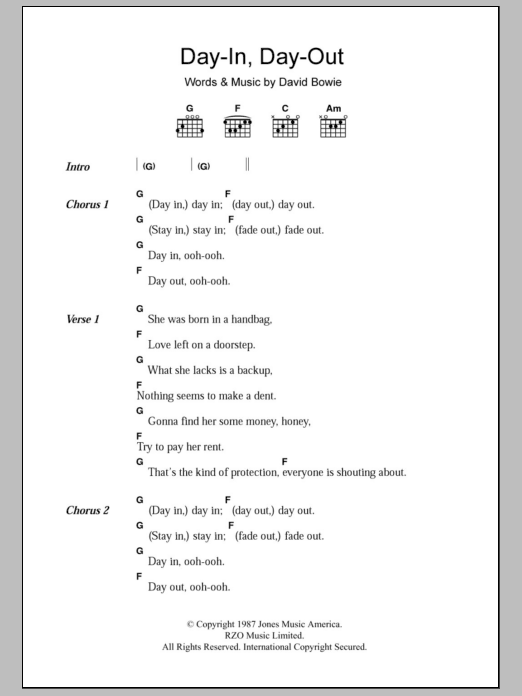 Download David Bowie Day-In Day-Out Sheet Music and learn how to play Lyrics & Chords PDF digital score in minutes