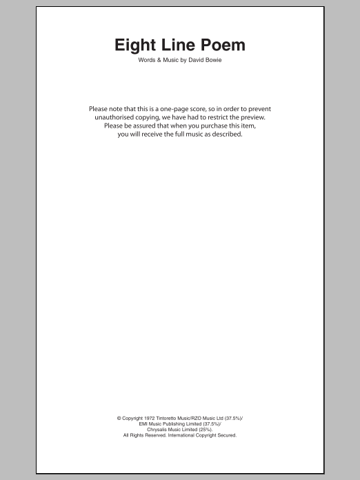 Download David Bowie Eight Line Poem Sheet Music and learn how to play Lyrics & Chords PDF digital score in minutes