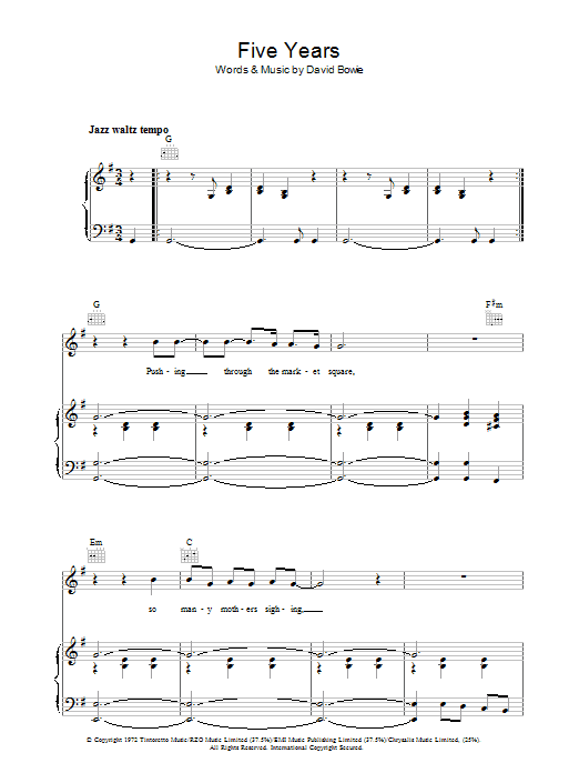 Download David Bowie Five Years Sheet Music and learn how to play Piano, Vocal & Guitar PDF digital score in minutes