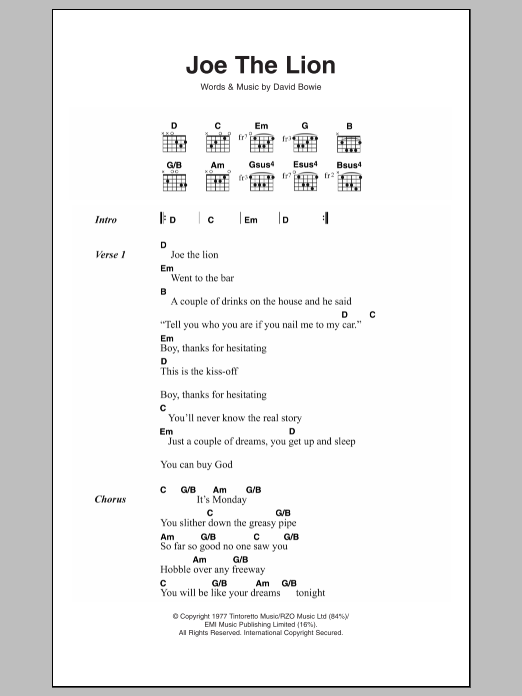 Download David Bowie Joe The Lion Sheet Music and learn how to play Lyrics & Chords PDF digital score in minutes