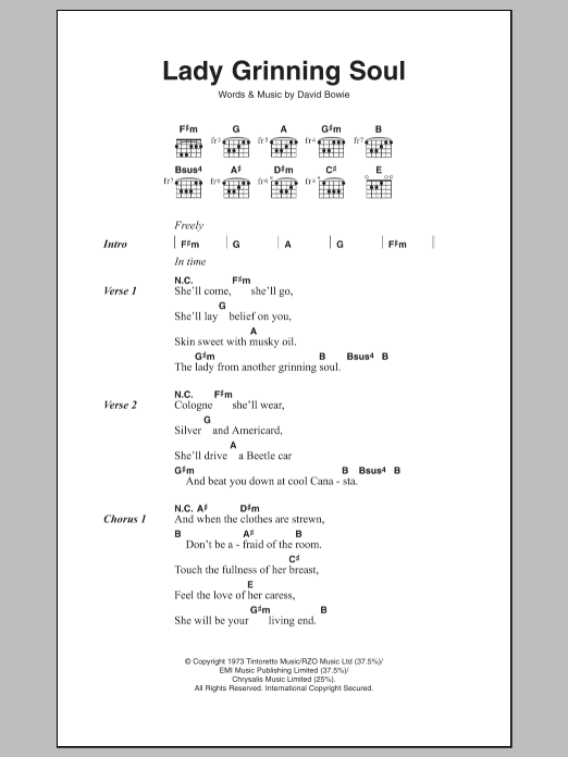 Download David Bowie Lady Grinning Soul Sheet Music and learn how to play Lyrics & Chords PDF digital score in minutes