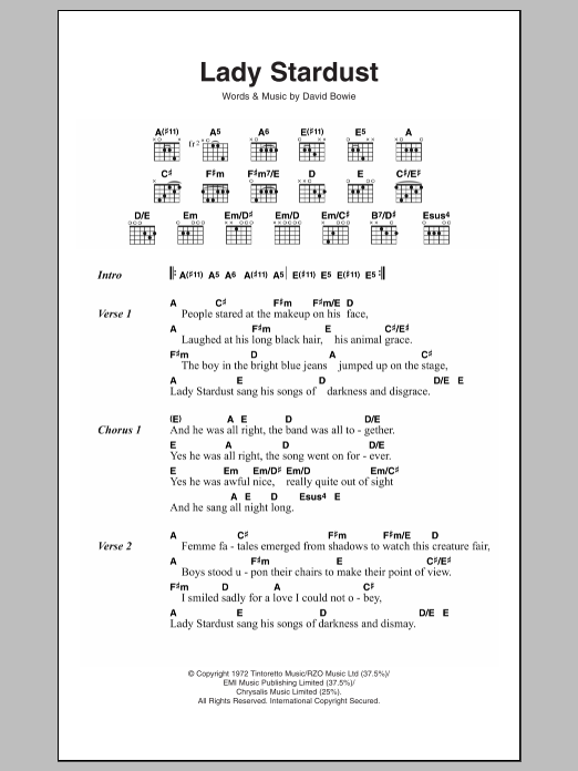 Download David Bowie Lady Stardust Sheet Music and learn how to play Lyrics & Chords PDF digital score in minutes
