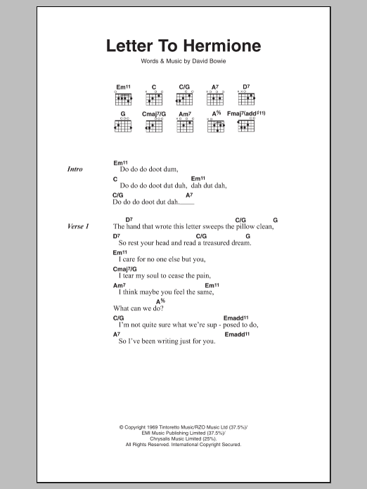 Download David Bowie Letter To Hermione Sheet Music and learn how to play Lyrics & Chords PDF digital score in minutes