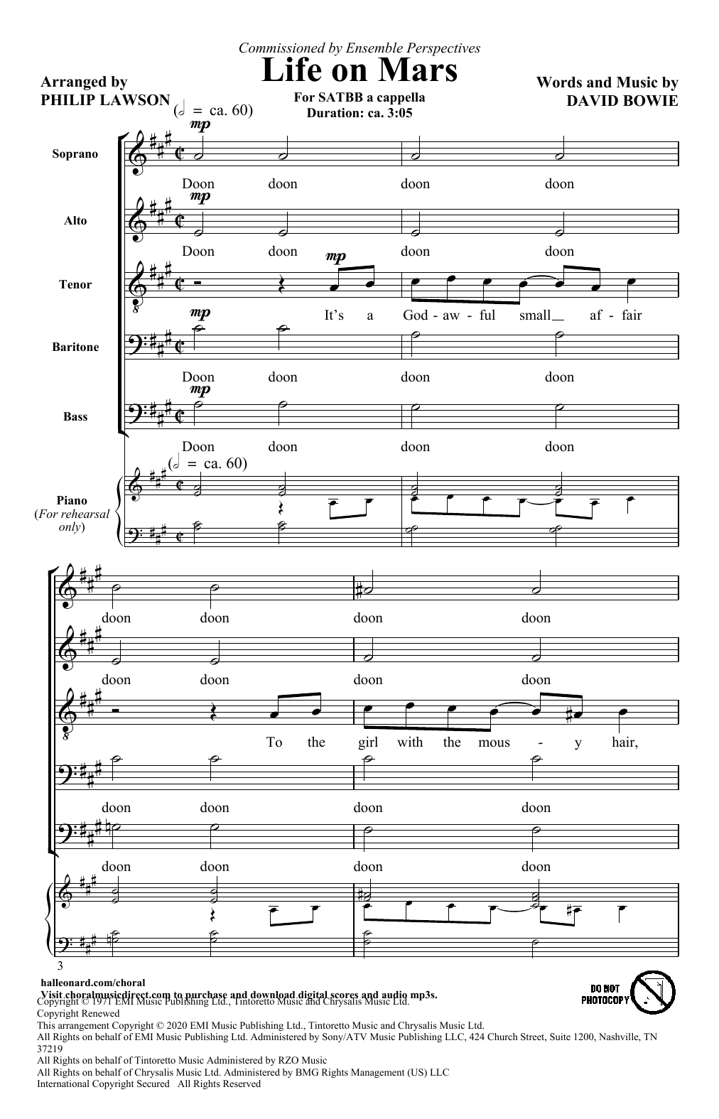 Download David Bowie Life On Mars (arr. Philip Lawson) Sheet Music and learn how to play SATB Choir PDF digital score in minutes