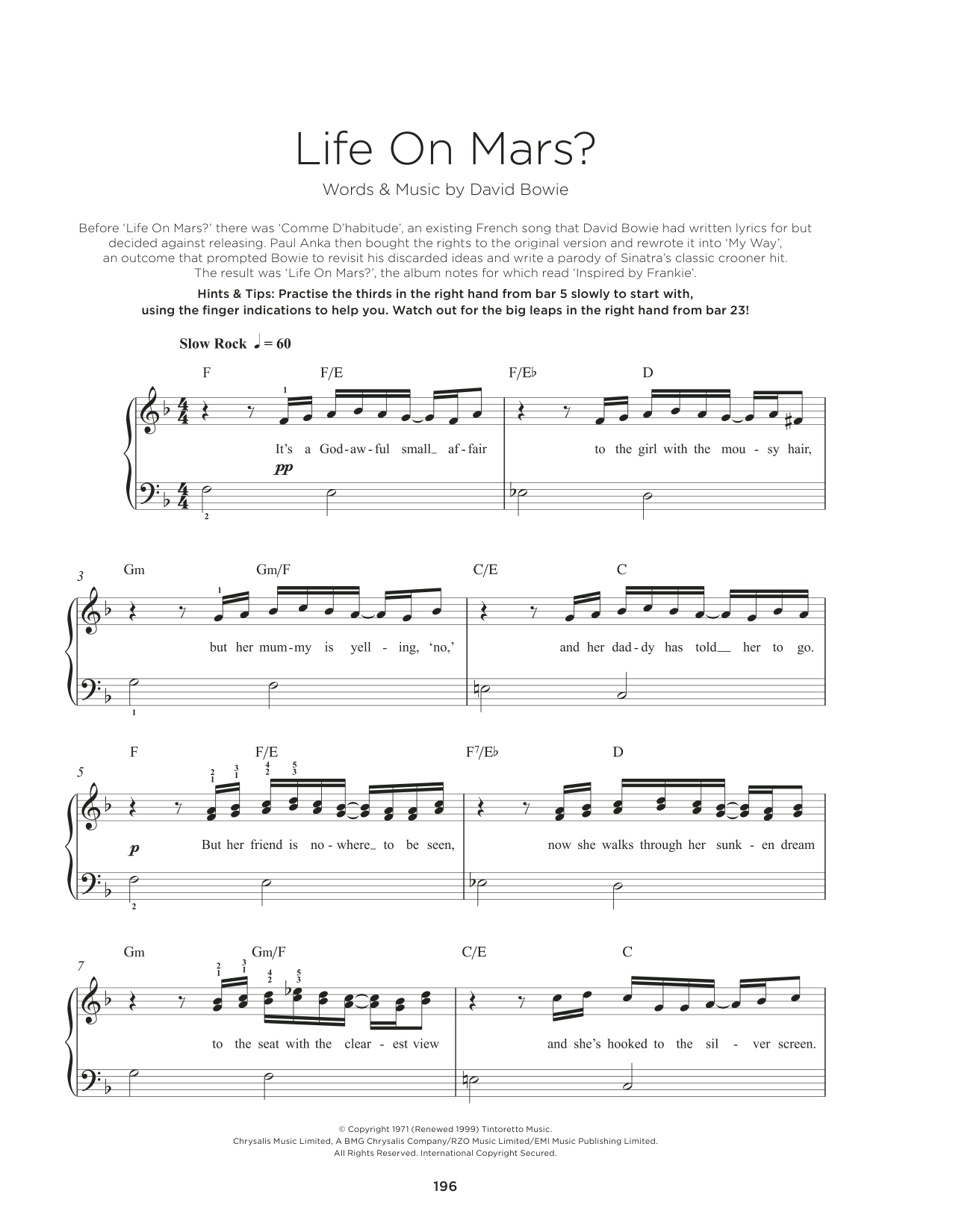 Download David Bowie Life On Mars Sheet Music and learn how to play Really Easy Piano PDF digital score in minutes