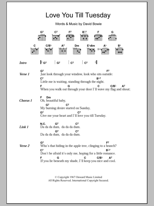 Download David Bowie Love You Till Tuesday Sheet Music and learn how to play Lyrics & Chords PDF digital score in minutes