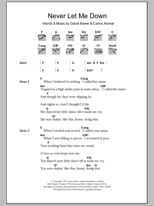 Download David Bowie Never Let Me Down Sheet Music and learn how to play Lyrics & Chords PDF digital score in minutes