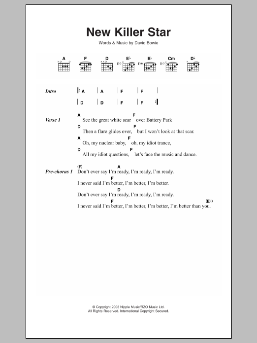 Download David Bowie New Killer Star Sheet Music and learn how to play Lyrics & Chords PDF digital score in minutes