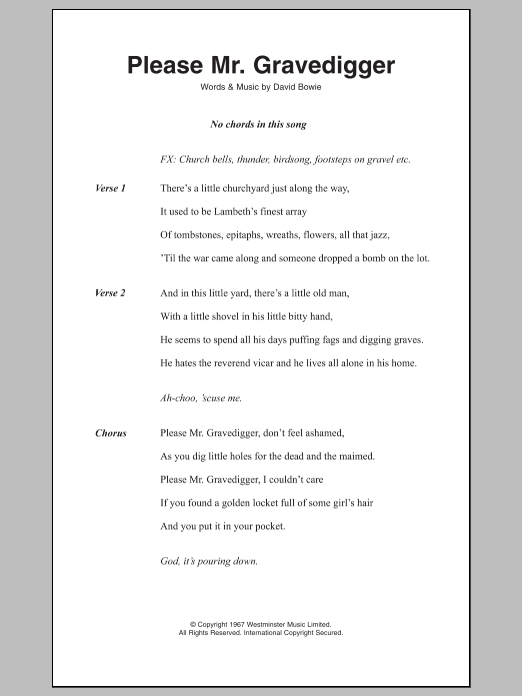 Download David Bowie Please Mr. Gravedigger Sheet Music and learn how to play Lyrics & Chords PDF digital score in minutes