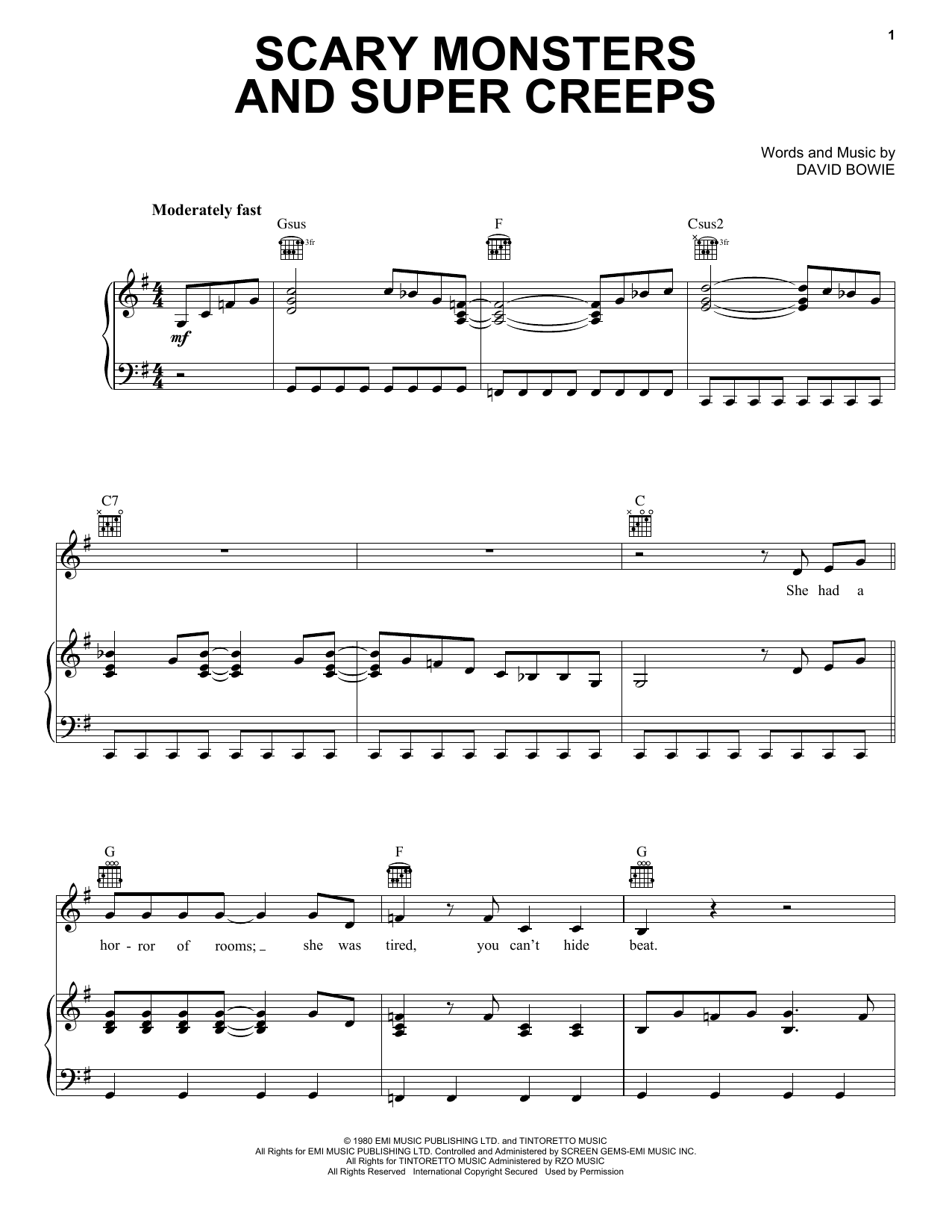 Download David Bowie Scary Monsters And Super Creeps Sheet Music and learn how to play Piano, Vocal & Guitar Chords (Right-Hand Melody) PDF digital score in minutes
