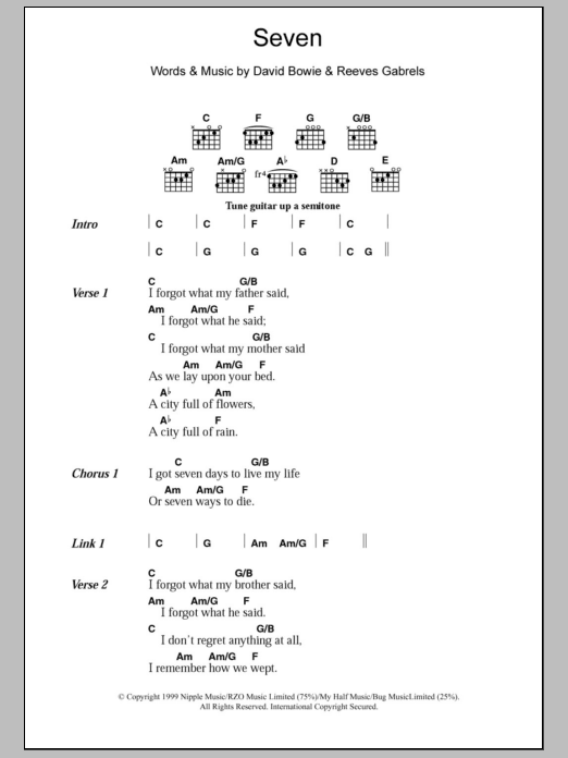 Download David Bowie Seven Sheet Music and learn how to play Lyrics & Chords PDF digital score in minutes