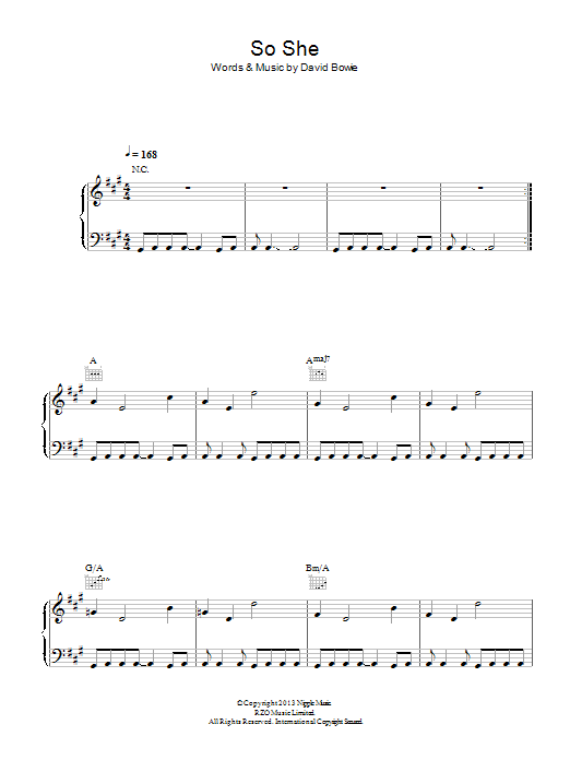 Download David Bowie So She Sheet Music and learn how to play Piano, Vocal & Guitar (Right-Hand Melody) PDF digital score in minutes