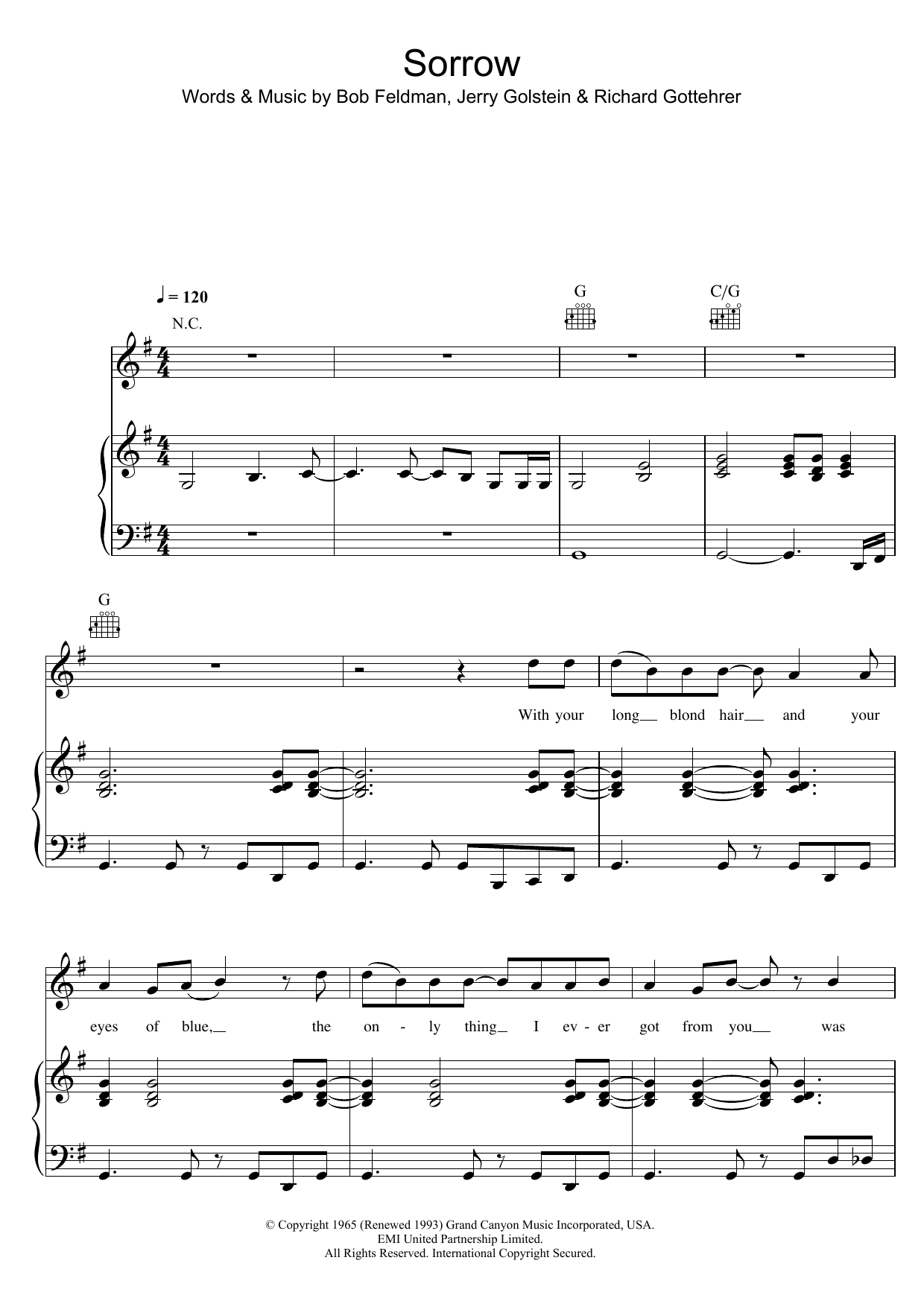 Download David Bowie Sorrow Sheet Music and learn how to play Piano, Vocal & Guitar PDF digital score in minutes