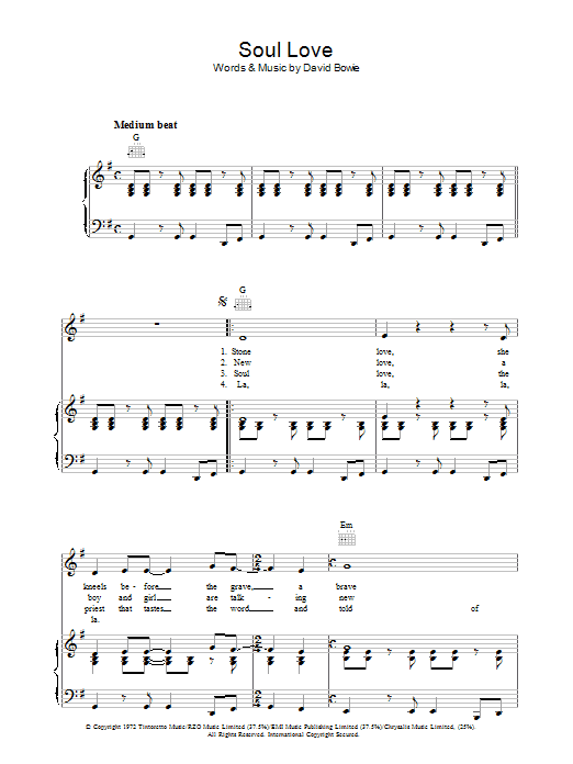 Download David Bowie Soul Love Sheet Music and learn how to play Piano, Vocal & Guitar (Right-Hand Melody) PDF digital score in minutes