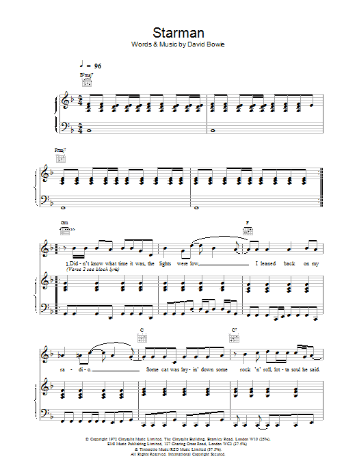 Download David Bowie Starman Sheet Music and learn how to play Piano, Vocal & Guitar (Right-Hand Melody) PDF digital score in minutes