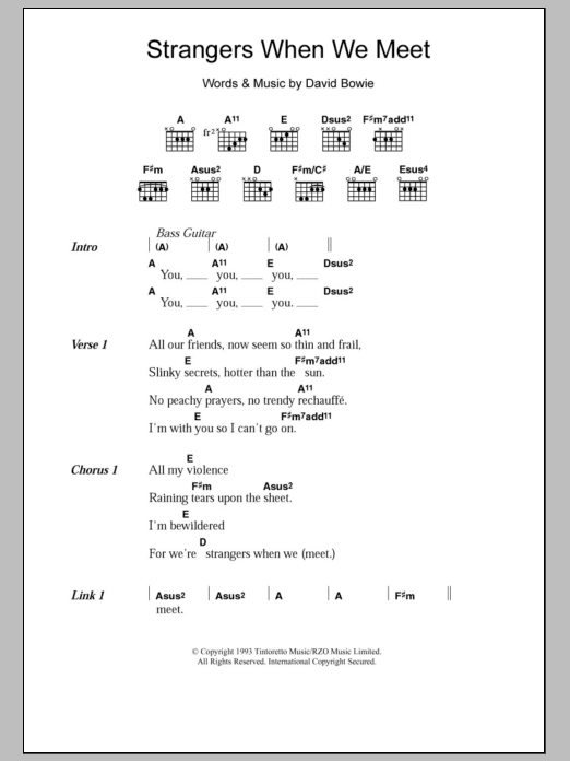 Download David Bowie Strangers When We Meet Sheet Music and learn how to play Lyrics & Chords PDF digital score in minutes