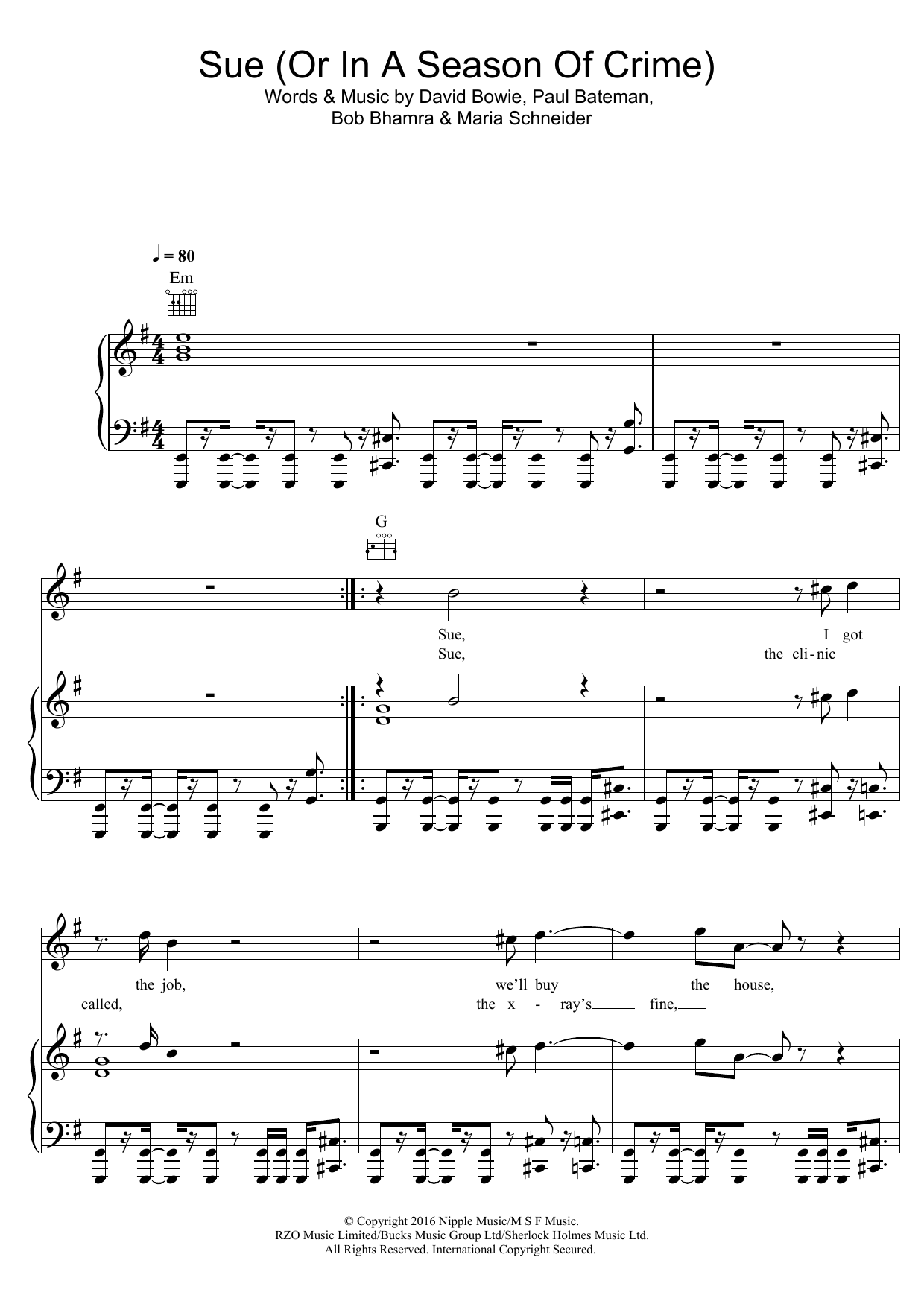 Download David Bowie Sue (Or In A Season Of Crime) Sheet Music and learn how to play Piano, Vocal & Guitar PDF digital score in minutes