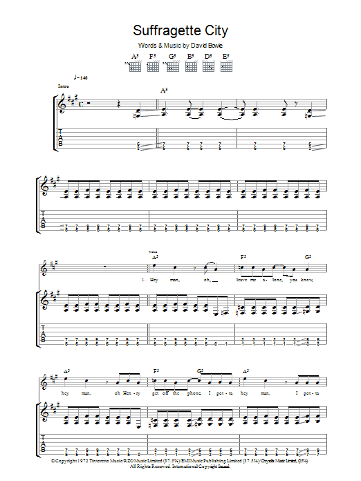 Download David Bowie Suffragette City Sheet Music and learn how to play Guitar Tab PDF digital score in minutes